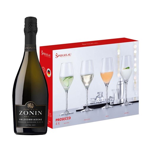 Zonin Valdobbiadene DOCG Millesimato Extra Dry 75cl With A Set Of 4 Spiegelau Prosecco Glasses